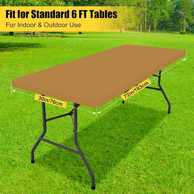 Smiry Rectangle Tablecloth, Elastic Fitted Flannel Backed Vinyl Tablecloths for 6ft Folding Tables, Waterproof Wipeable Table Covers for Indoor, Outdoor, Picnic and Camping (Camel, 30"x72")