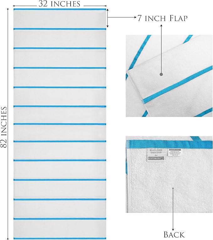 COTTON CRAFT Pool Lounge Chair Cover - 2 Pack Terry Towel Chaise Lounge Cover - Soft Cotton Absorbent Striped Towel Beach Chair Cover - Oversized 32 in W x 82 in Length x 7 in Pocket – White Aqua