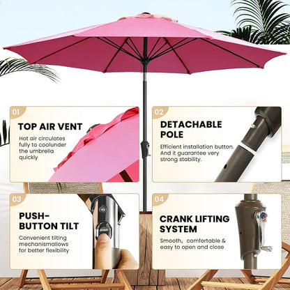 Ayge Patio Umbrella 9FT Outdoor Umbrella Patio Table for deck pink | 8 fiberglass ribs, crank & tilt. UV-resistant waterproof canopy. Fade-proof. Rust-proof frame. For deck, garden, pool.