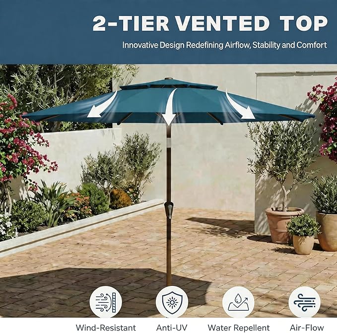 Patio Umbrella, 2 Tier Outdoor Table Umbrella, Large Vented Market Umbrellas with Push Button Tilt and Crank, 8 Sturdy Ribs for Backyard, Deck, Pool, UPF50+ UV Protection
