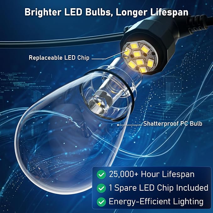 CAWWS Outdoor String Lights 50FT, Super Bright Warm White LED Patio Lights | 2700K Warm White, App & Remote Control, Dimmable, 20 Shatterproof LED Bulbs, IP67 Waterproof, Replaceable LED Chips