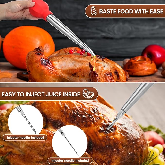 SCHVUBENR Large Turkey Baster with Cleaning Brush & Needle - Stainless Steel Baster Tool for Cooking - Easy to Use and Clean - Heavy Duty Baster Syringe - Thanksgiving, Christmas Essentials - Red