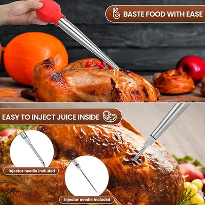 SCHVUBENR Large Turkey Baster with Cleaning Brush & Needle - Stainless Steel Baster Tool for Cooking - Easy to Use and Clean - Heavy Duty Baster Syringe - Thanksgiving, Christmas Essentials - Red