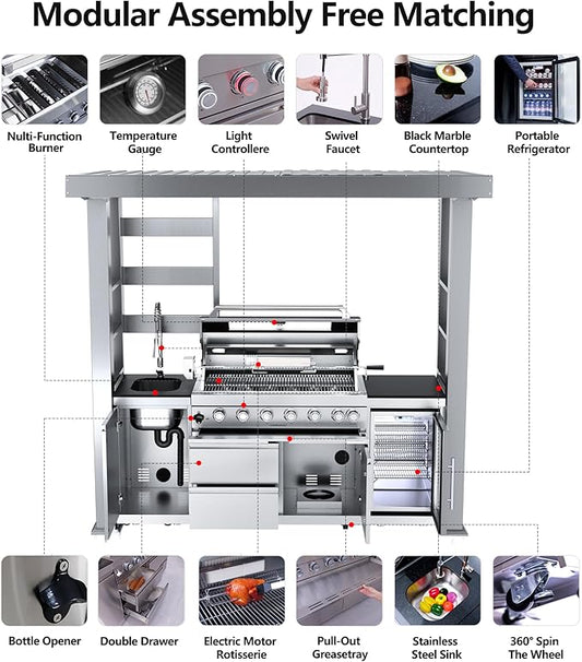 94 Inch Outdoor Kitchen Island, 85000 BTU 6 Burner Propane Gas Grill Combination With Rain Shelter Refrigerator and Sink, Outdoor Stainless Steel Barbecue Bar Grill for Patios, Gardens, Parties