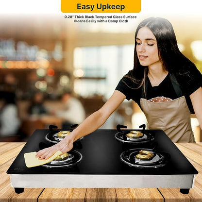 24 Inch Gas Cooktop, Tempered Glass Gas Stove with 4 Burner | Stainless Steel Lower Body Countertop Gas Stove for RV Propane Stove, Apartment & Outdoor Use with Hose Pipe & Regulator