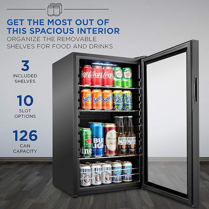 Ivation 126 Can Beverage Refrigerator | Freestanding Ultra Cool Mini Drink Fridge | Beer, Cocktails, Soda, Juice Cooler for Home & Office | Reversible Glass Door & Adjustable Shelving - Black