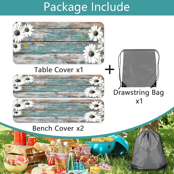 Daisy Flowers Picnic Table Cover with Bench Covers and Bag, Camping Essentials, Wooden Grain Waterproof Windproof, Fitted Tablecloth Cover with Elastic Edge, for Indoor & Outdoor, 3 PCS, 30x60 Inch