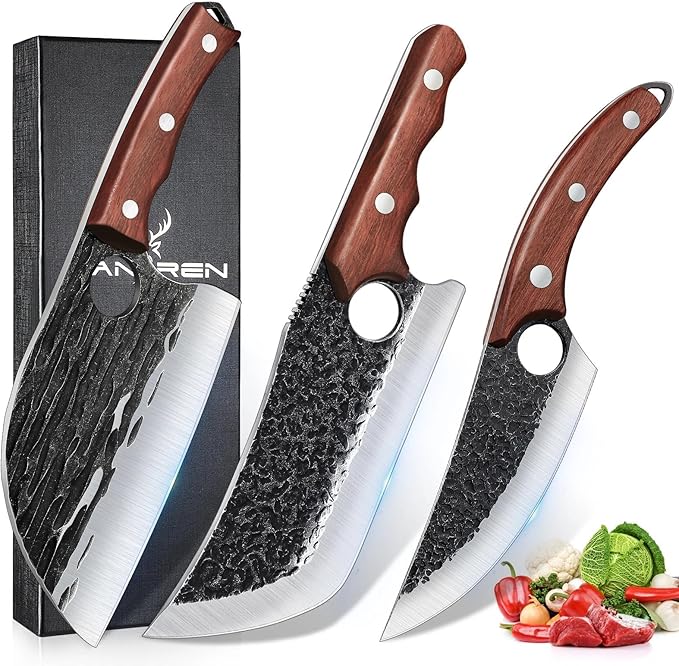 TAN REN 3PCS Butcher Knife Set for Meat Cutting, Hand Forged Meat Cleaver Knives with Wood Handle, Grilling Knife Set for Men
