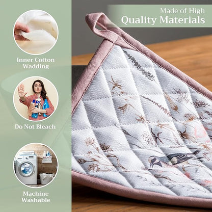 Maison d' Hermine Pot Holders 100% Cotton Heat Resistant Potholders 8" x 8" Hot Pads with Loop Baking Hotel Farmhouse Kitchen Handling Hot Pans Spring Summer (Pack of 2, Meadow Florals - Brown)