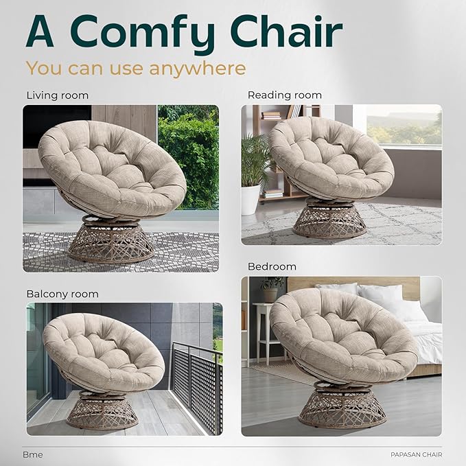 Bme 40" Ergonomic Wicker Papasan Chair with Soft Thick Density Fabric Cushion, High Capacity Steel Frame, 360 Degree Swivel for Living, Bedroom, Reading Room, Lounge, Silver Cloud - Brown Base