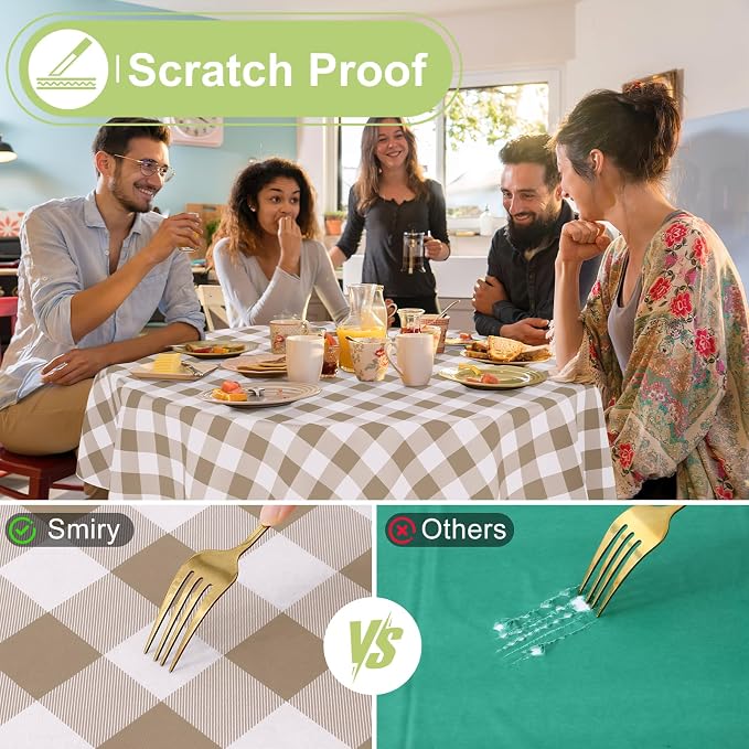 Smiry Picnic Table Cloth, Vinyl Tablecloths with Flannel Backing, 60" Round | Waterproof Picnic Table Cloth, Wipeable Buffalo Plaid Table Cover for Indoor and Outdoor (Khaki & White)