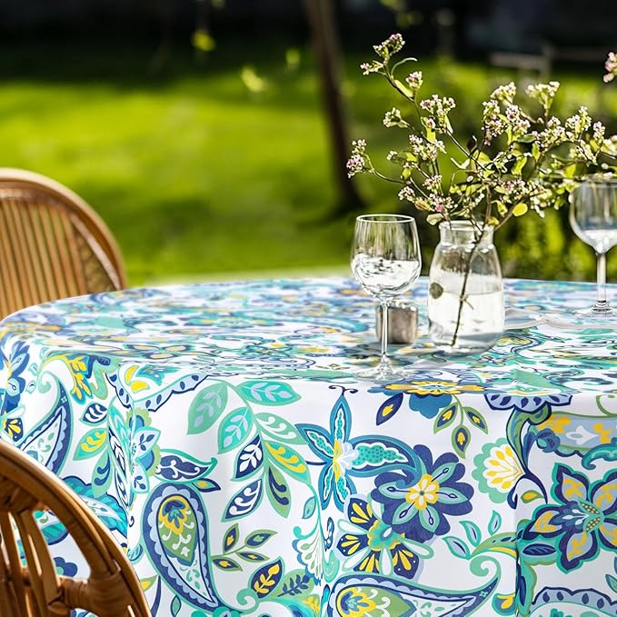 Lamberia 60" Round Patio Tablecloth with Umbrella Hole and Zipper, Waterproof Outdoor Table Cover for Patio, Backyard, BBQ, Picnic & Indoor Dining, Washable Polyester Circular Tablecloth