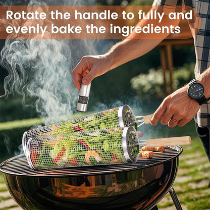 Nesting Grill Baskets (2 PCS), 304 Stainless Steel with Removable Wooden Handle, Rolling Grilling Net, BBQ Accessories Tools for Vegetables Shrimp, Outdoor Camping, Gifts for Men Dad and Husband -Silver Cylinder