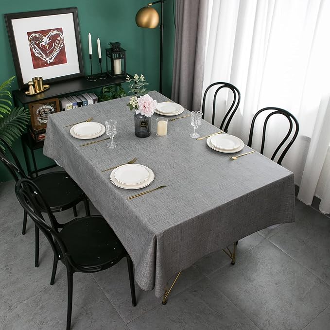 LIBERECOO Vinyl Tablecloth with Flannel Backing, Premium Gray, Waterproof, Stain-Resistant, Easy-Clean Table Cover for Dining, Kitchen, and Outdoor Use, 60" x 84" Rectangle