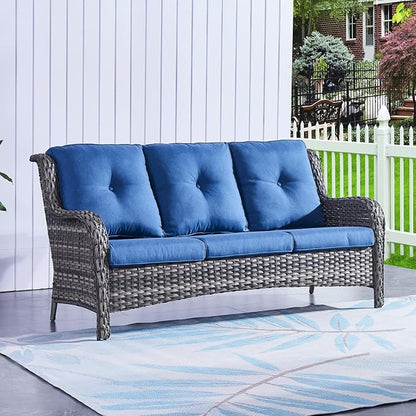Rilyson Outdoor Patio Wicker Sofa, 900Lbs Weight Capacity Large 3 Seater Wicker Patio Couch with 4in Seat Cushions and Deep Seating, All Weather for Backyard, Garden, Poolside (Mixed Grey/Blue)