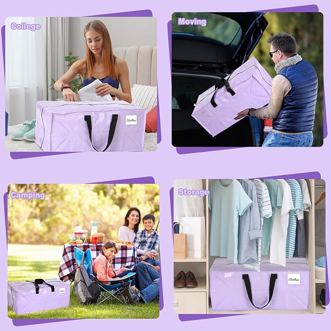 4 Pcs 24 Gallon Extra Large Moving Bags Heavy Duty Storage Bag with Strong Zipper Handle Foldable XXL Jumbo Storage Tote Packing Moving Box for College Dorm Travel Cloth Duffle (Purple)