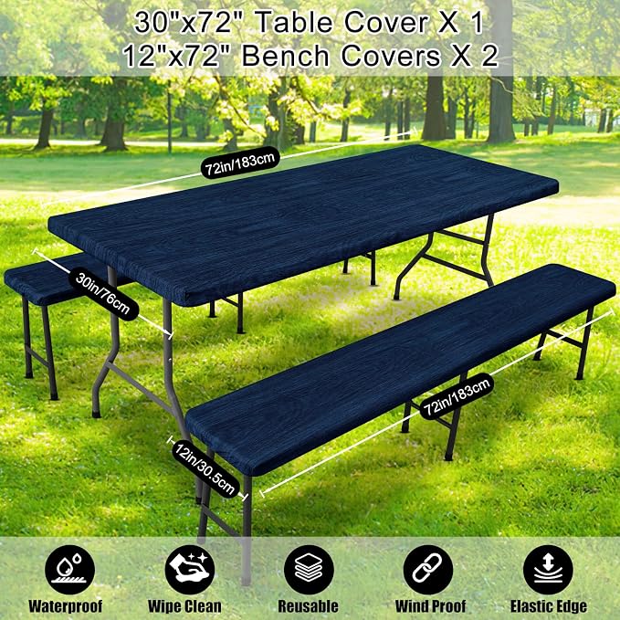 Smiry Picnic Table Cover with Bench Covers, Waterproof Elastic Fitted Tablecloth for 6 Foot Tables, Washable Polyester Tablecloths for Camping, Indoor & Outdoor (Navy & Black, 30x72 Inch 3-pc Set)