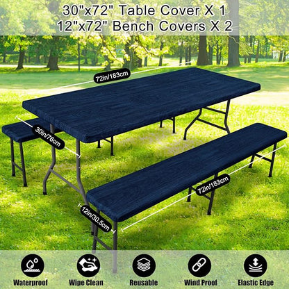 Smiry Picnic Table Cover with Bench Covers, Waterproof Elastic Fitted Tablecloth for 6 Foot Tables, Washable Polyester Tablecloths for Camping, Indoor & Outdoor (Navy & Black, 30x72 Inch 3-pc Set)