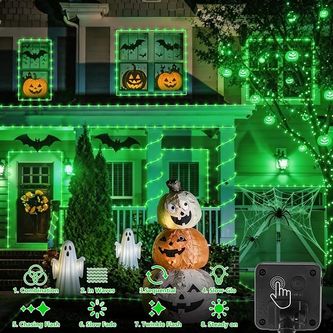 QITONG Green Solar Halloween Lights Outdoor Waterproof, 2 Pack Each 33ft 100 LED Rope Lights, Fairy Lights in Clear Thin Tube with 8 Modes