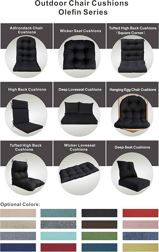 Outdoor Chair Cushions, Fade Resistant Replacement Tufted Cushion for Patio Dining Chair, Set of 2 Black