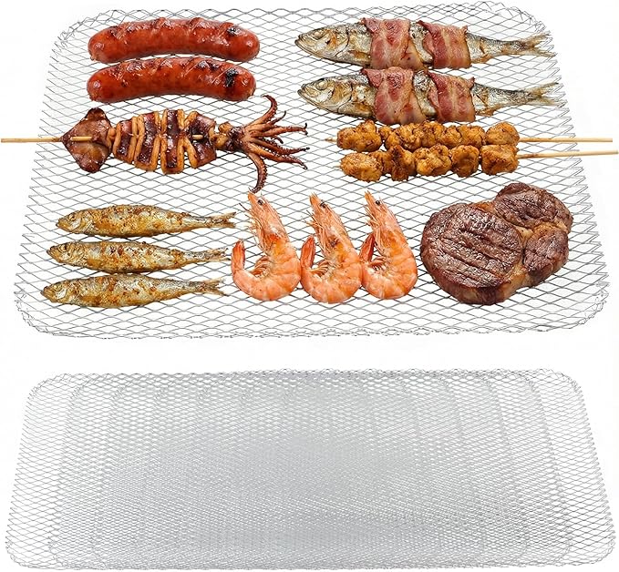 10 Pack Disposable Grill Topper, 16x12 Inch Non-Stick Aluminum BBQ Grills Mat, Disposable Mesh Grill Mat for Outdoor Cooking, Ideal for Vegetables, Seafood, Small Meats