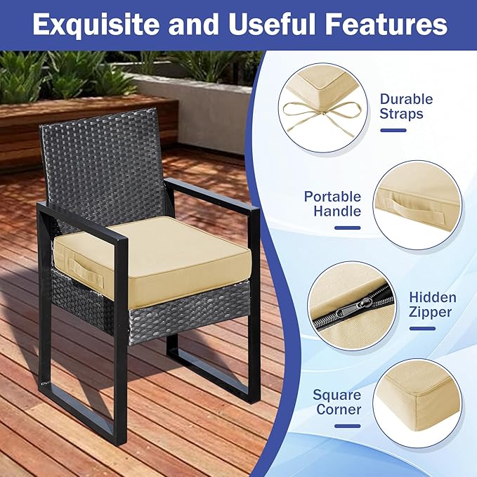 IASEAHK Patio Chair Cushions, 19" x 19" x 3" Outdoor Chair Cushions Set of 4, Waterproof Outdoor Cushions for Patio Furniture, Outdoors Seat Cushions with Handle and Ties, Light Khaki