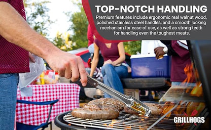 16-Inch Barbecue Tongs, Stainless Steel + Walnut Wood, Premium Grill Tongs, 1 Pair