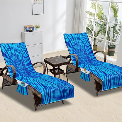 Beach Chair Cover with Side Pockets (1Pc), Thick and Quick Dry Lounge Chair Towel Cover for Sun Lounger Pool Sunbathing Garden Beach Hotel, No Sliding,Blue Tie Dye