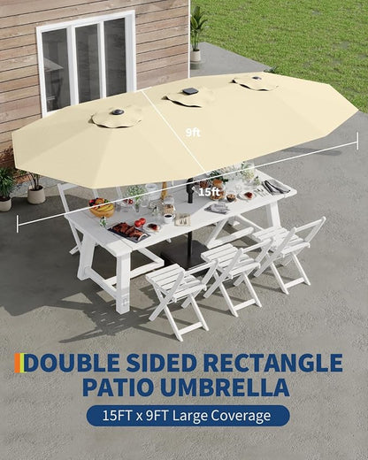 GarveeLife 15 ft Large Patio Umbrella with Lights, 36 LED Lights Double-sided Patio Umbrella with Weighted Base for Poolside Garden Backyard