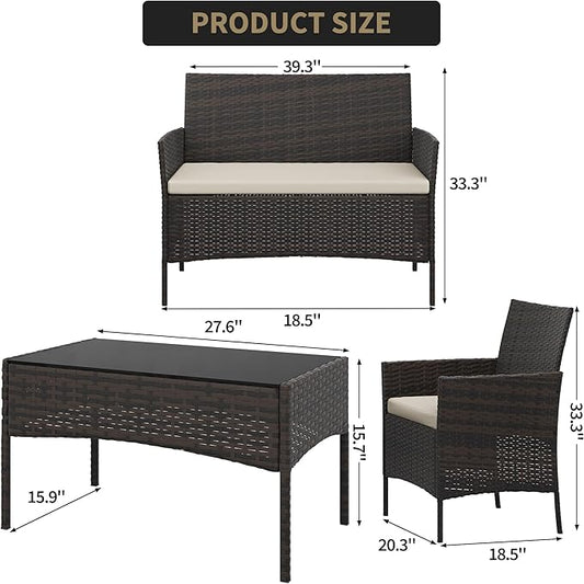 4-Piece Patio Furniture Set, Outdoor Wicker Conversation Set with Tempered Glass Coffee Table, Heavy Duty PE Rattan Sectional Sofa & Washable Cushions for Backyard, Deck, Poolside (Black Rattan/Beige)