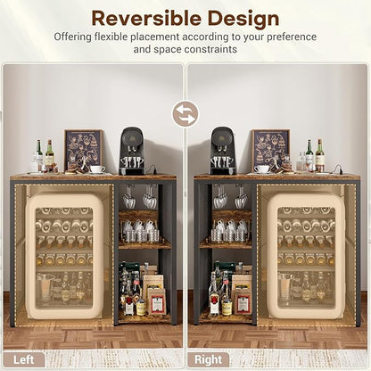 Homieasy Mini Fridge Cabinet with Power Outlet, Coffee Bar Cabinet with Mini Fridge Space, Industrial Liquor Cabinet with Wine Storage & Glass Holder for Dorm, Living Room, Home Kitchen, Rustic Brown