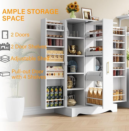 kepptory 47“ White Kitchen Pantry Cabinet with 3 Doors, Adjustable Shelves, | Pull-Out Side Spice Racks, Freestanding Food Storage Cupboard for Kitchen, Dining Room, Living Room