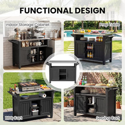 Bifanuo Outdoor Grill Table Grill Cart with Stainless Steel Top & Storage Cabinet for Food Prep and Storage, Portable and Durable with Wheels (Standard Black)
