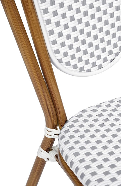 Flash Furniture Lourdes Indoor/Outdoor Commercial Thonet Bistro Stack Chair - White/Gray PE Rattan Back and Seat - Natural Bamboo Print Metal Frame