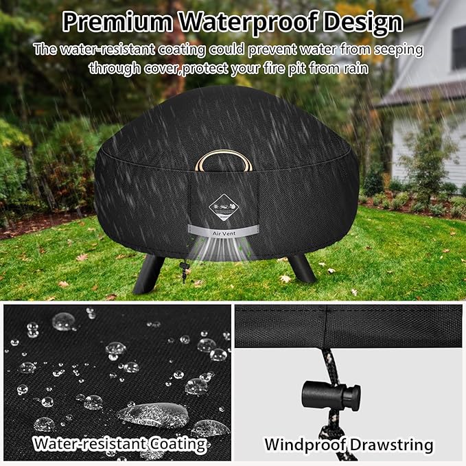 QH.HOME Fire Pit Cover Round Super Waterproof, 32" D X 14" H Outdoor Round Firepit Cover 600D Strong Tear Resistant,Fire Pit Covers Premium Fading Resistant for Outdoor Fire Pit