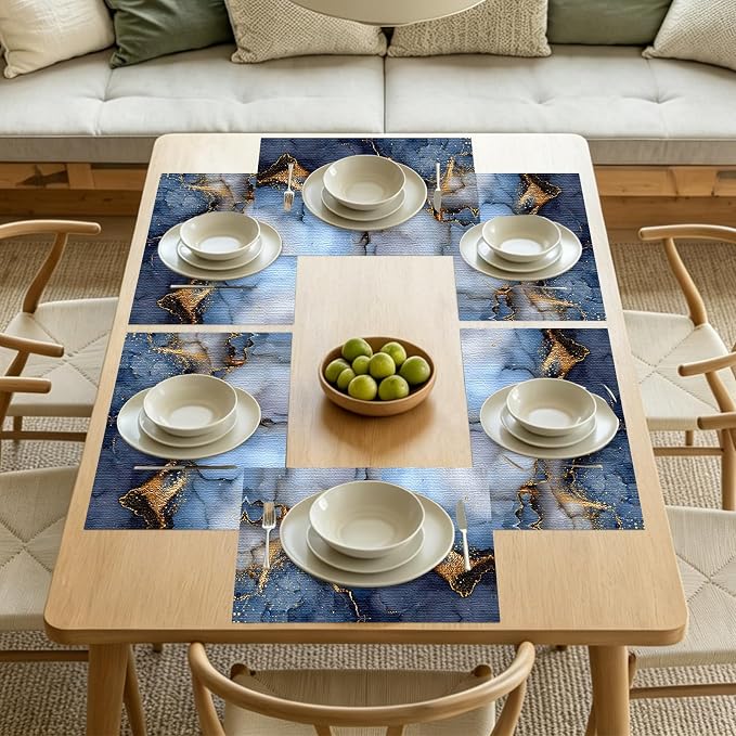 Nuxovilar Square placemats Set of 7 Table Runner and placemats Deep Blue&Gold Marble Pattern Linen-Cotton Tablerunner(72X13inch)&6 Placemats(11.8X17.7) Table Decor Essentials Kitchen,Dining Room