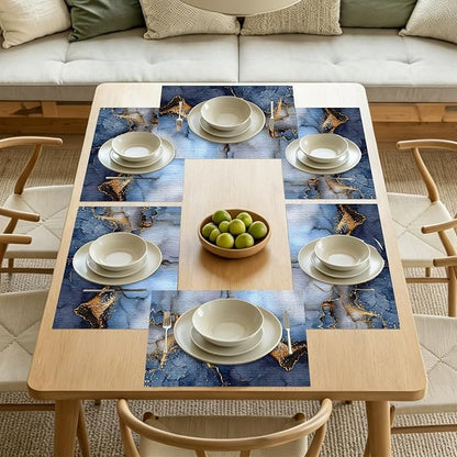 Nuxovilar Square placemats Set of 7 Table Runner and placemats Deep Blue&Gold Marble Pattern Linen-Cotton Tablerunner(72X13inch)&6 Placemats(11.8X17.7) Table Decor Essentials Kitchen,Dining Room