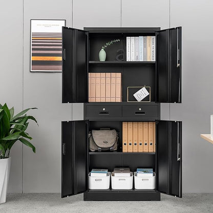 Wanfu Metal Storage Cabinet, 71" Locking Storage Cabinet with Adjustable Shelves and 2 Drawers, Steel Cabinets for Office, Garage, Home, School, Utility Room(Black)