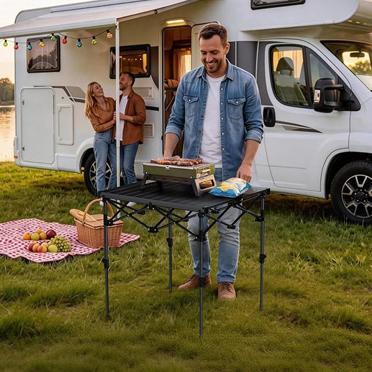 Anbte Camping Table Foldable, 2 Height Max 27.5" Aluminum Roll up Camping Table with Carry Bag & Heat-Resistant Tabletop, Lightweight, for Indoor Outdoor RV BBQ Picnic Patio Beach, 26" x 23", Black