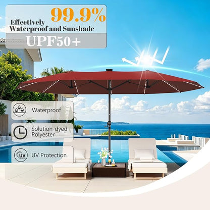 GDPFN 15ft Rectangular Patio Umbrella with Solar LED Lights, Double-Sided Outdoor Market Umbrella Extra Large Shade for Pool, Deck, Backyard, Garden, Burgundy (Base Not Include)