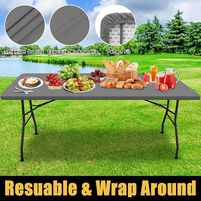 Smiry Rectangle Picnic Table Cloth, Waterproof Elastic Fitted Tablecloths for 8 Foot Tables, Washable Polyester Table Cover for Camping, Indoor and Outdoor (Grey, 36"x96")
