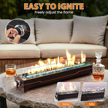 GRISUN Tabletop Fire Pit,28 Inch Propane Fire Pit Table,45000 BTU Table Top Firepit with Glass Wind Guard,Stainless Steel Burner,Fire Glass,Portable Propane fire Pit for Patio, Camping, Backyard & RV
