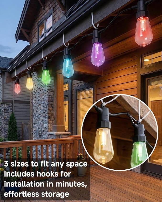 100FT Smart Outdoor String Lights, 2-Pack Color Changing ST48 Multi-Color LED Patio Lights with LotusLamp X APP, IP65 Waterproof Shatterproof Hanging Decor Lights for Large Backyard Garden