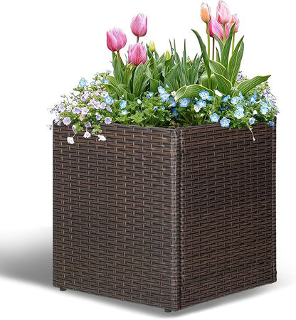 SUNNYPARK Brown Square Planter Box Rattan for Outdoors 17x17x18inch | All-Weather, Handmade PE Rattan, Removable Liner, Indoor Outdoor, Patio Porch Garden, Modern Design for Plants Flowers