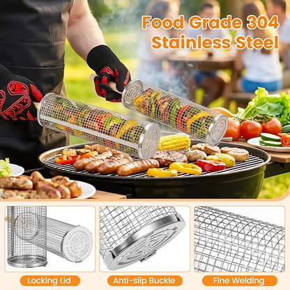Pro BBQ Grill Tool Set 6-Piece - Stainless Steel Barbecue Accessories Kit with Heat Resistant Gloves, Meat Resting Blanket, Apron, 2 Grill Baskets & Cleaning Brush for Outdoor Camping Gifts
