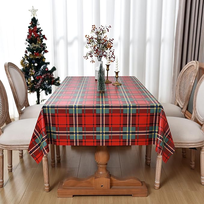 Christmas Tablecloth Heavy Duty Vinyl Red 54x84 inch Square Christmas Table Cloth Reusable Waterproof Foldable Plastic Tablecloths PVC Xmas Table Cover for New Year Party Decor