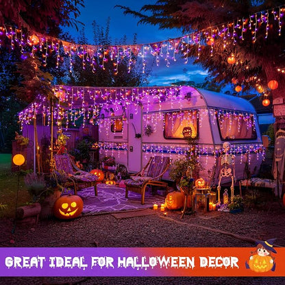 JMEXSUSS Orange and Purple Halloween Lights Outdoor, 400 LED 38.8 FT | Connectable Icicle Light Outdoor Waterproof, 8 Modes Halloween Lights Plug in for House Christmas Party Decorations