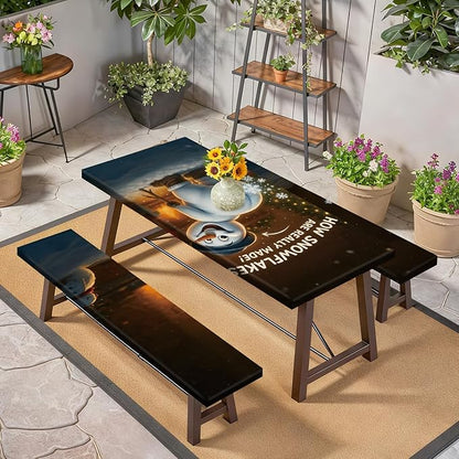 Christmas Picnic Table Cover with Bench Cover, OuTdoor Picnic Table Elastic Tablecloth, Fun Snowman Winter Scene Design, Camping, Barbecue and Holiday Party Tablecloth
