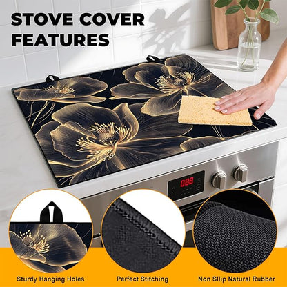 Stove Top Cover Retro Flower Gas Stove Top Cover for Home Decoration Kitchen Pad Non-Stick Washable Cooktop Covers Countertop Protector Keep Stove Clean 28"x20" (Golden border flower)
