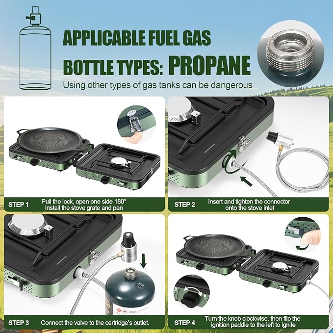 Portable Camping stove, 2 Burner Foldable Camping Stove with Griddle and Carrying Bag & Hose, 8600BTU Portable Propane Camp Stove with Ignition & 2 Adjustable Burners,for Camping Tailgating BBQ Grill